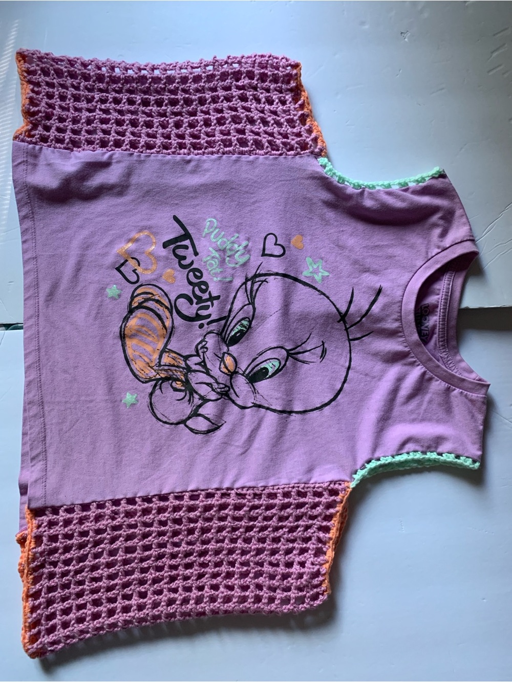 Upcycled Looney Tunes Tweety Bird Graphic Tank Top With Crochet - Picture 8 of 8